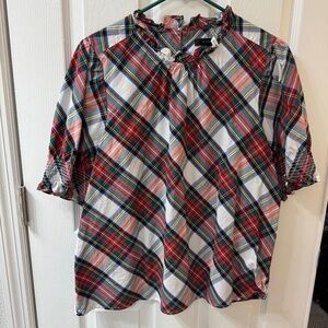 J.Crew Plaid Ruffle Neck Puff Sleeve Top XL – 100% Cotton Holiday Tartan